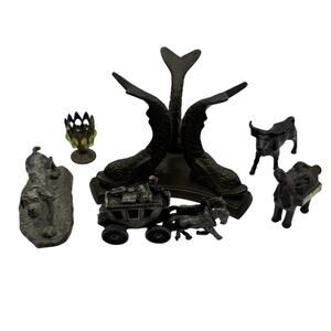 Vintage Cast Metal Figurine Lot Stagecoach Donkey Ox Fish Bookend Dog Plaque 7pc